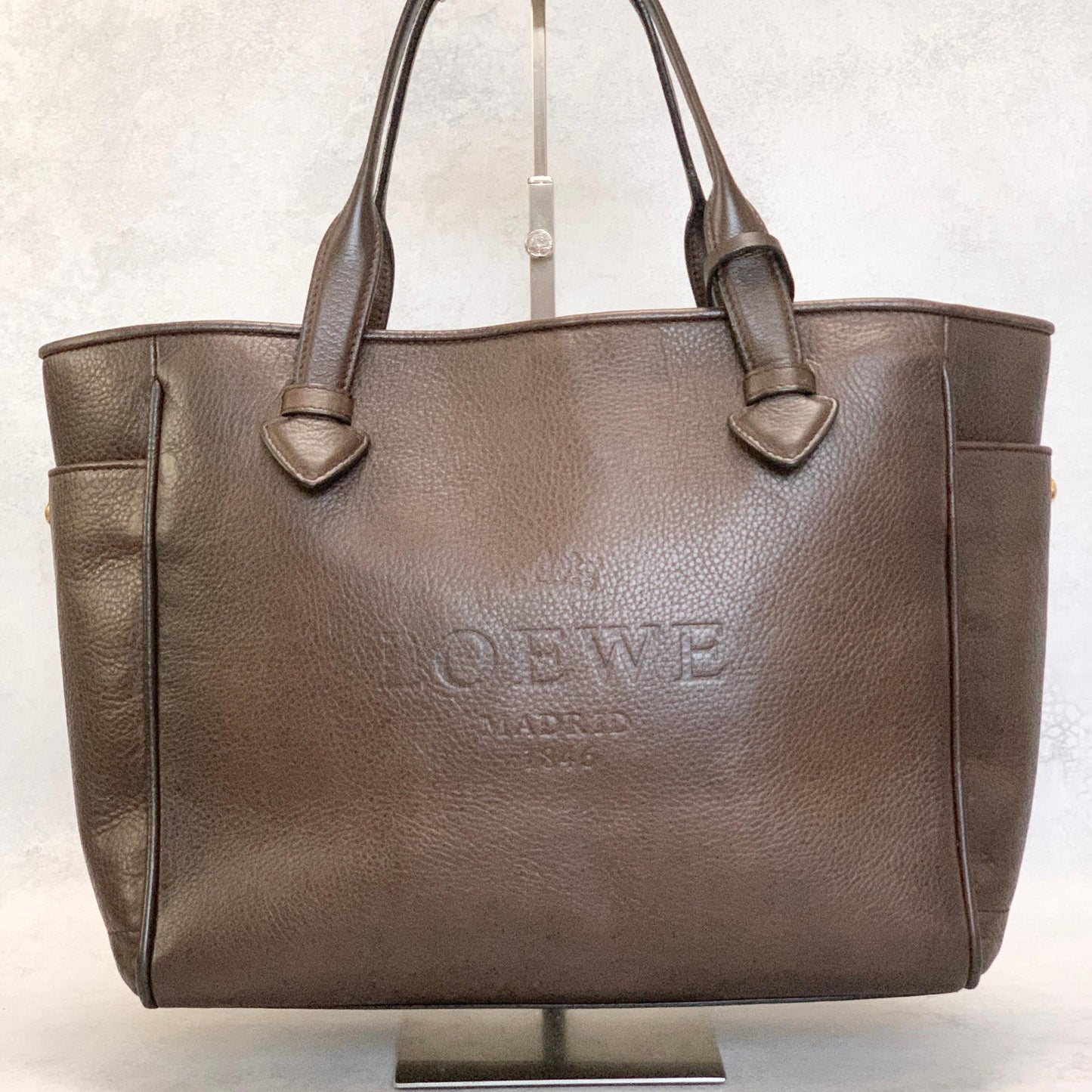 LOEWE Bag Logo Heritage Hand Tote Purse Leather Brown Gold Used Authentic