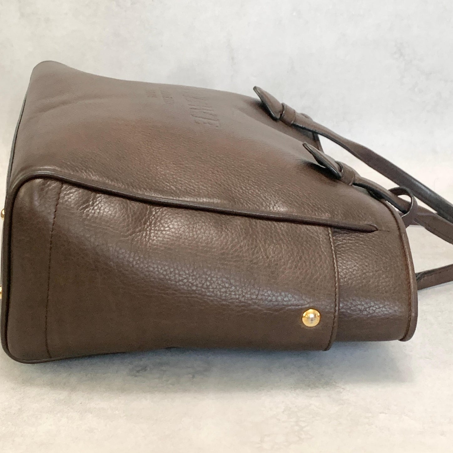 LOEWE Bag Logo Heritage Hand Tote Purse Leather Brown Gold Used Authentic