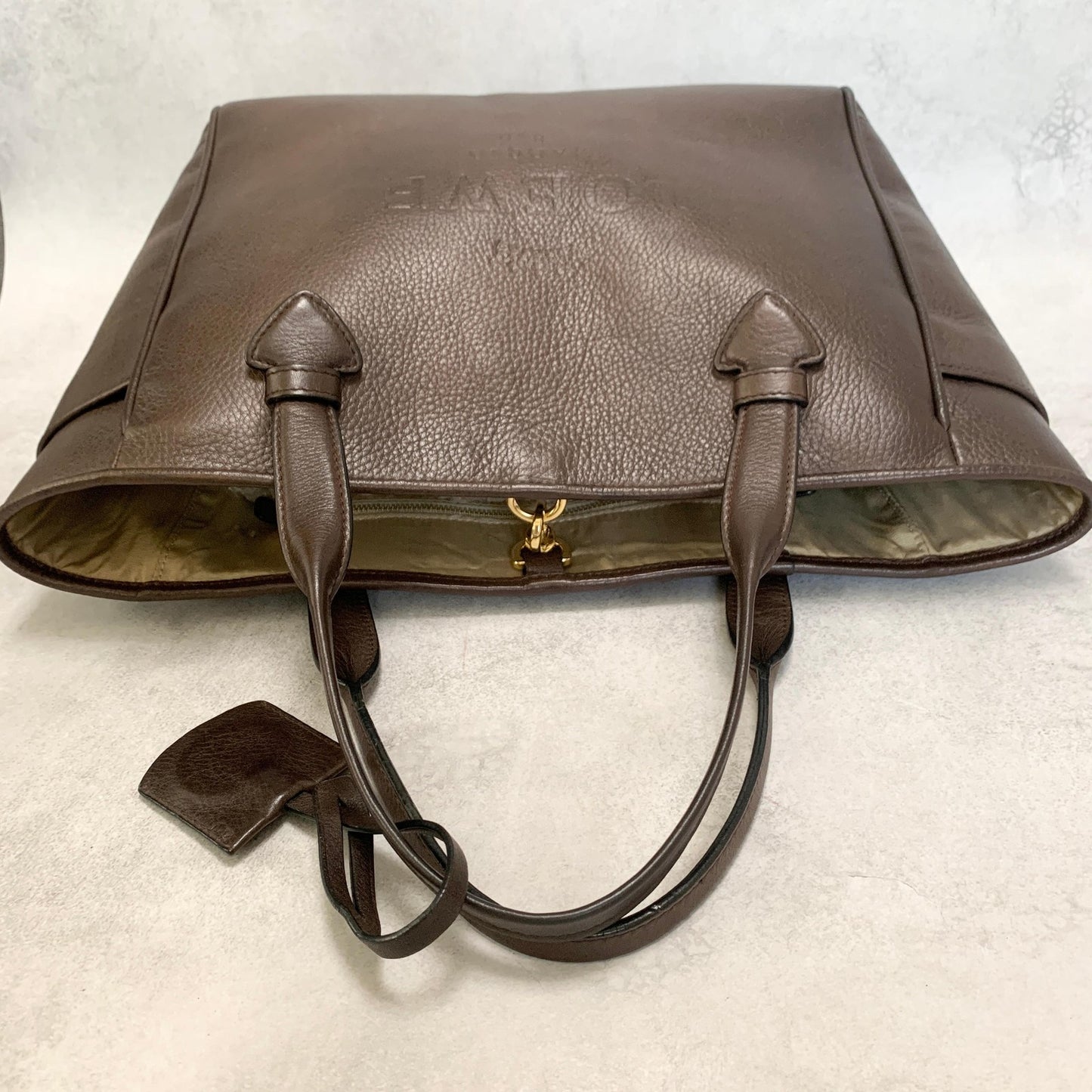 LOEWE Bag Logo Heritage Hand Tote Purse Leather Brown Gold Used Authentic