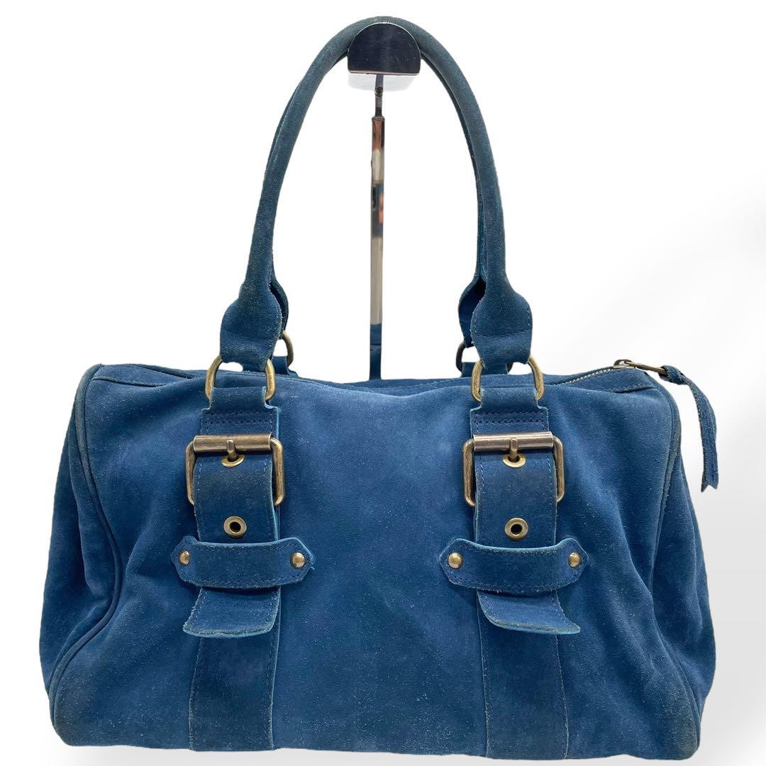Longchamp Hand Bag Tote Purse Suede Leather Blue Authentic