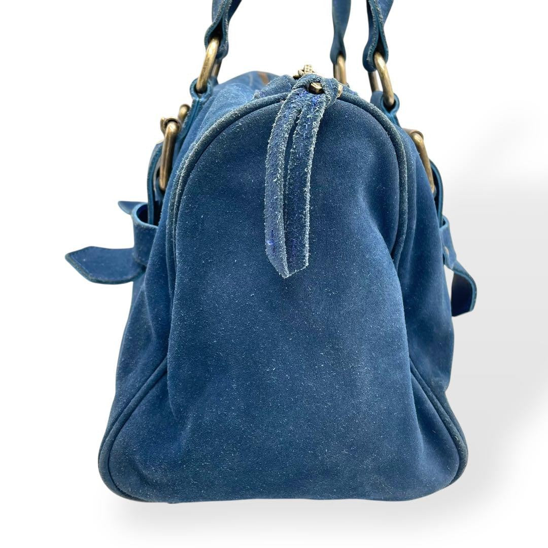 Longchamp Hand Bag Tote Purse Suede Leather Blue Authentic