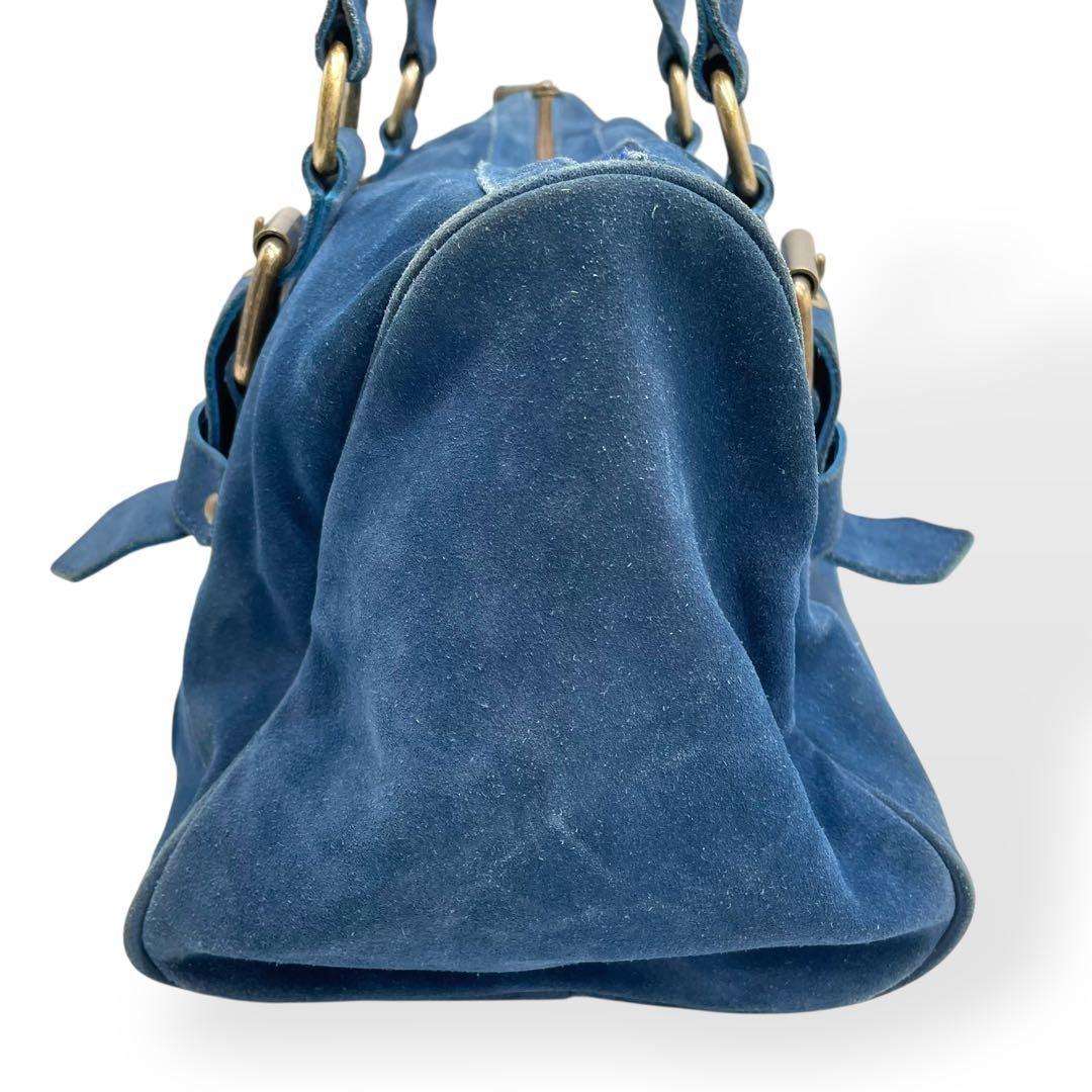 Longchamp Hand Bag Tote Purse Suede Leather Blue Authentic
