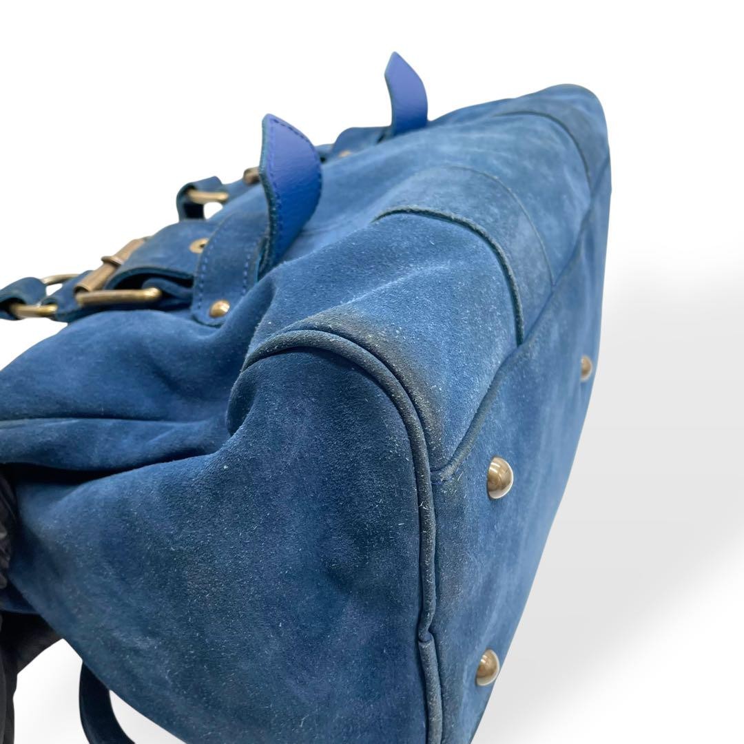 Longchamp Hand Bag Tote Purse Suede Leather Blue Authentic
