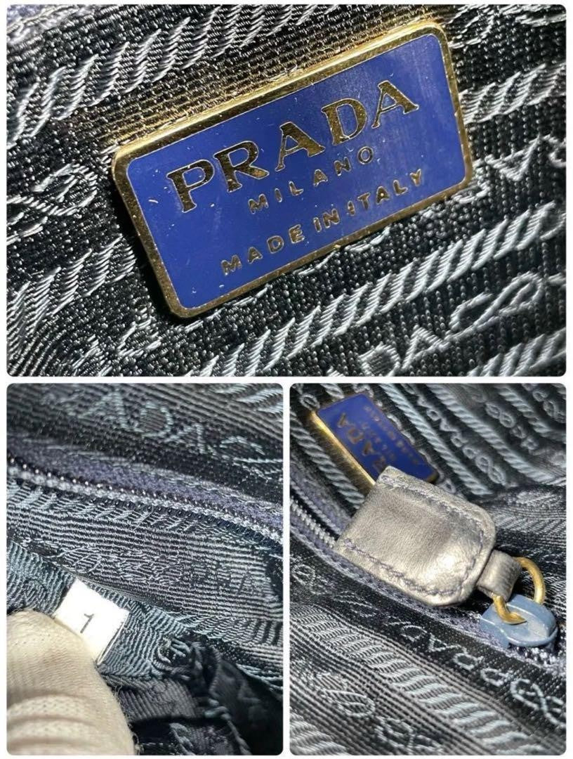 PRADA Hand Shoulder Bag Tote Purse Chain Nylon Leather Black Navy Authentic
