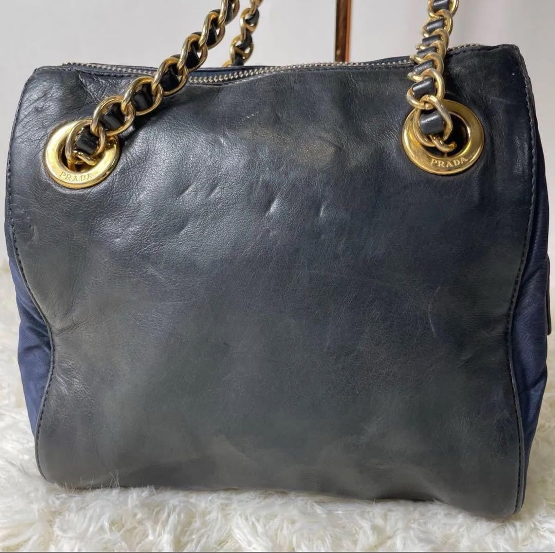 PRADA Hand Shoulder Bag Tote Purse Chain Nylon Leather Black Navy Authentic