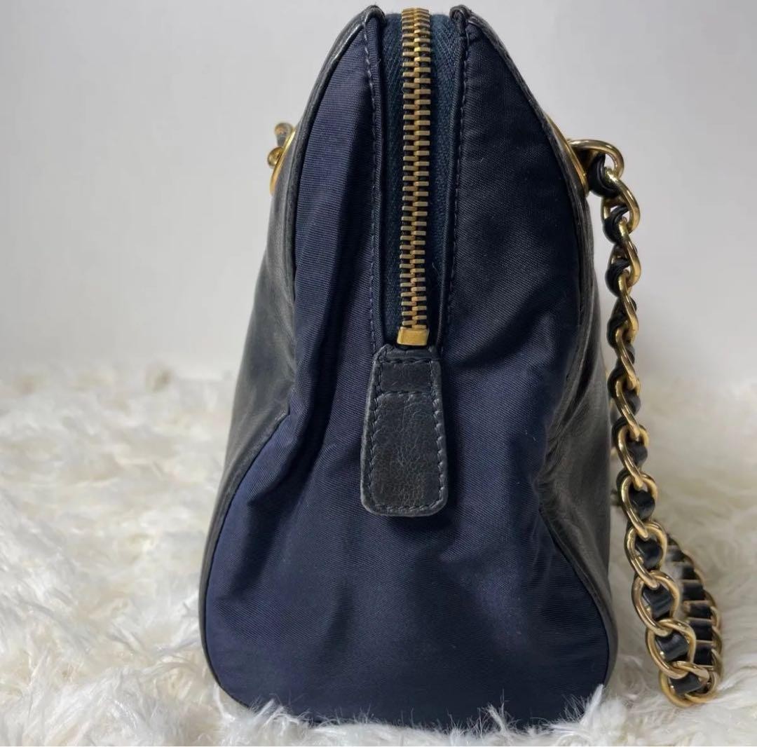 PRADA Hand Shoulder Bag Tote Purse Chain Nylon Leather Black Navy Authentic