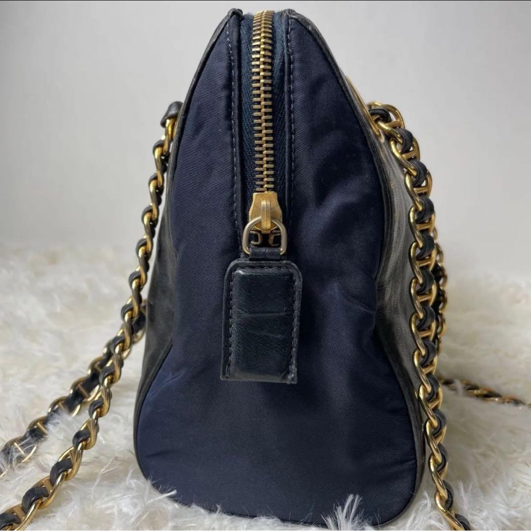 PRADA Hand Shoulder Bag Tote Purse Chain Nylon Leather Black Navy Authentic
