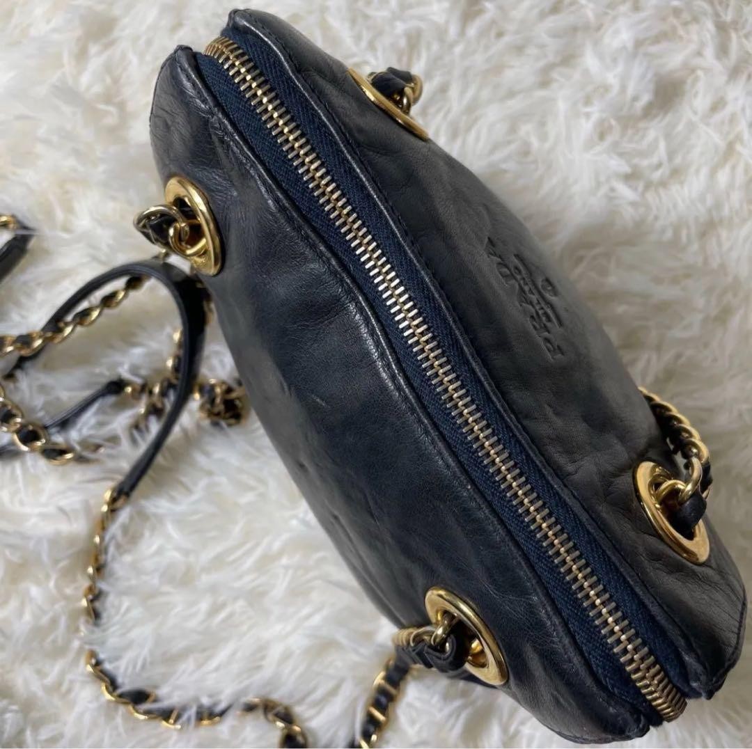 PRADA Hand Shoulder Bag Tote Purse Chain Nylon Leather Black Navy Authentic