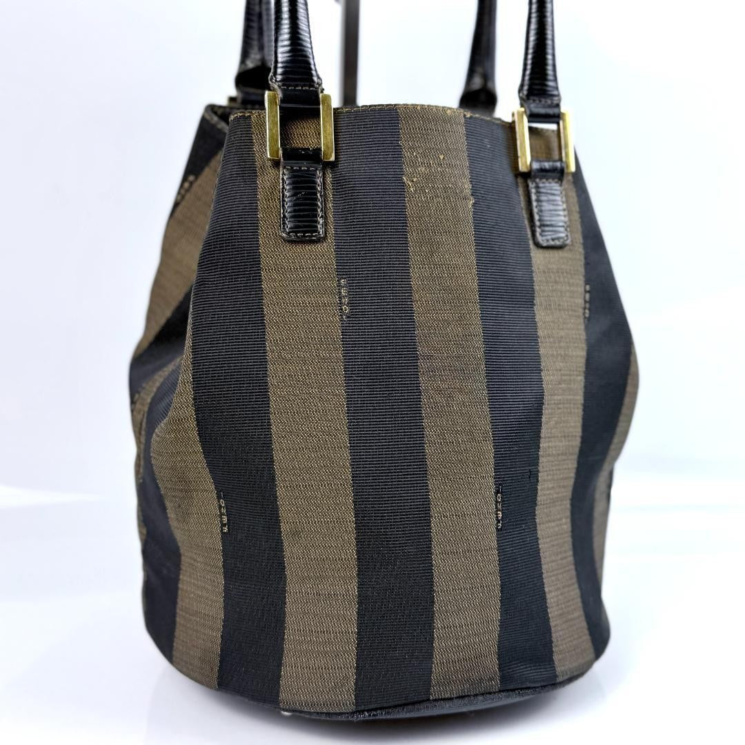 FENDI Hand Bag Tote Purse Pecan Canvas Leather Black Brown Authentic