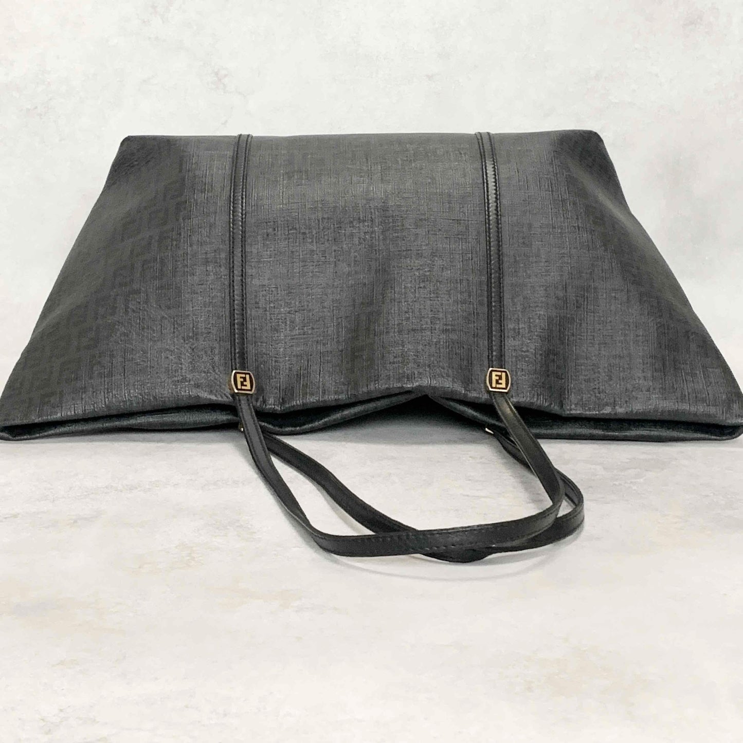 FENDI Hand Bag Tote Bag Purse FF Zucchino Leather PVC Black Authentic