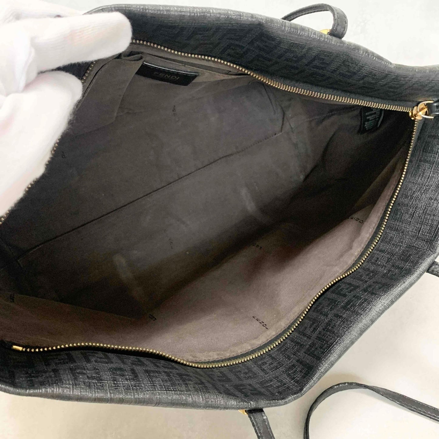 FENDI Hand Bag Tote Bag Purse FF Zucchino Leather PVC Black Authentic