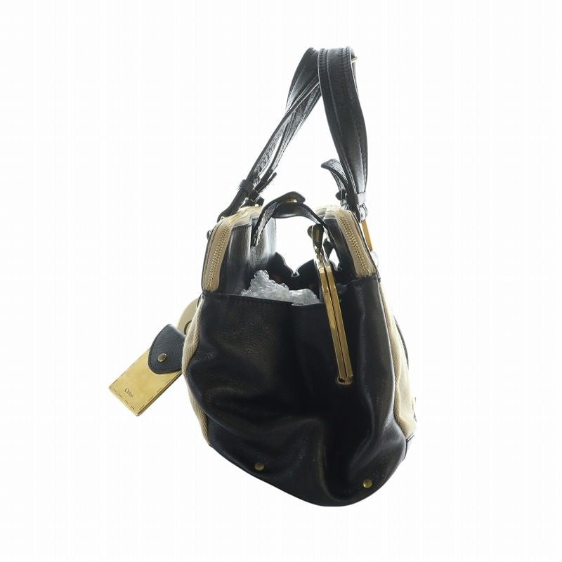 Chloe Hand Bag Tote Purse Canvas Leather Beige Black Authentic