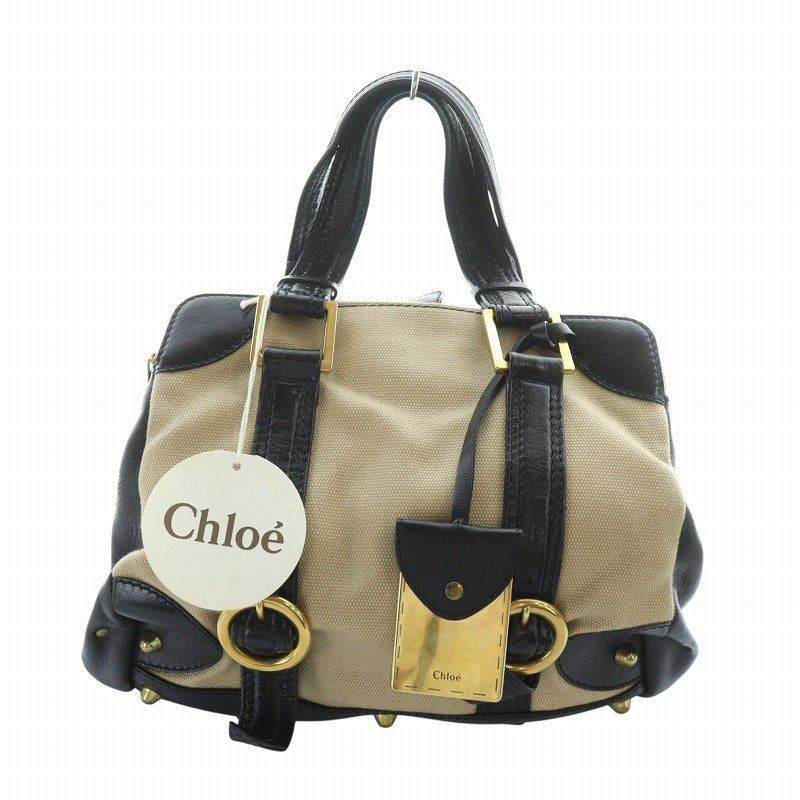 Chloe Hand Bag Tote Purse Canvas Leather Beige Black Authentic