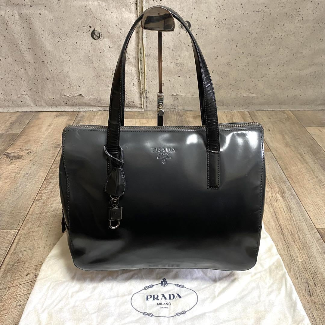 PRADA Hand Bag Tote Purse Mini Boston Patent Leather Black Authentic