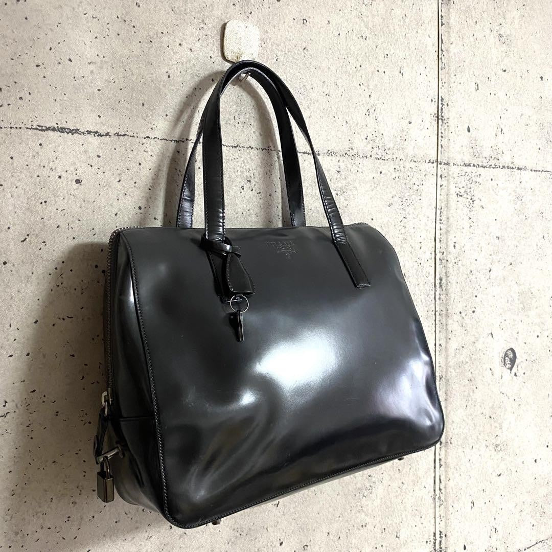PRADA Hand Bag Tote Purse Mini Boston Patent Leather Black Authentic