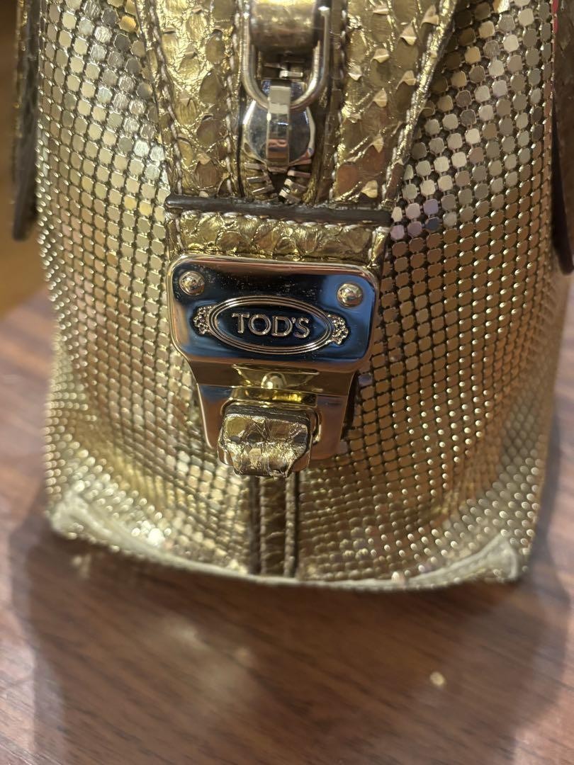 TOD'S Handbag Purse Gold Leather Charm Mini Boston Authentic Used Unisex