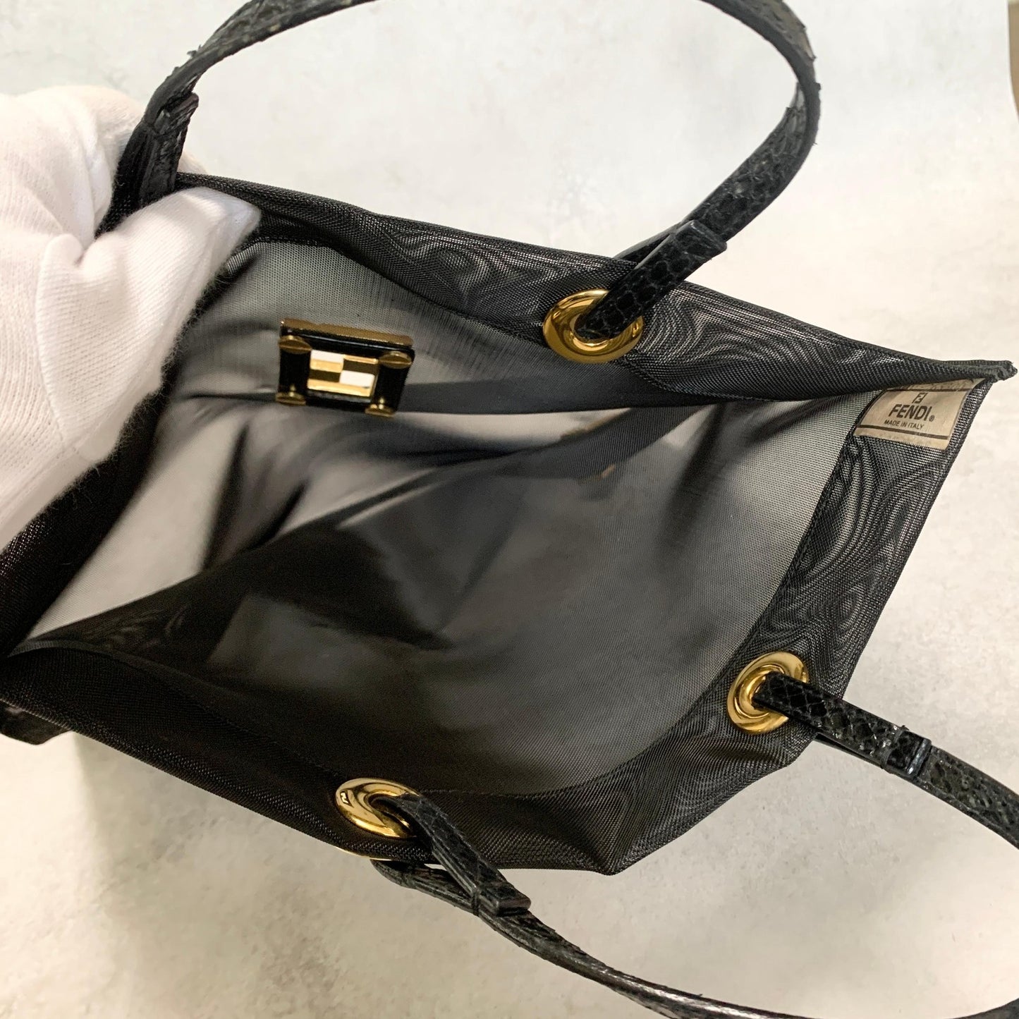 FENDI Bag FF Mesh Hand Tote Purse Mesh Leather Black Used Women's Authentic