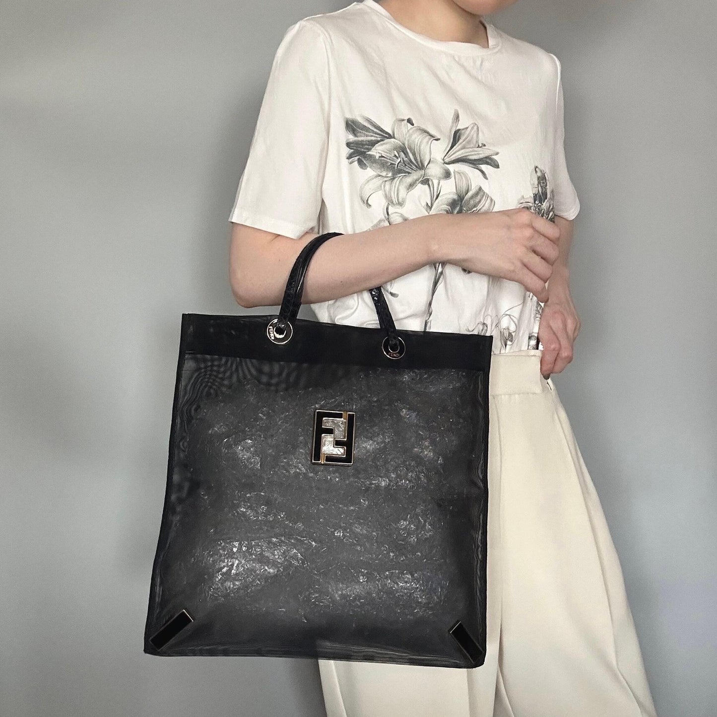 FENDI Bag FF Mesh Hand Tote Purse Mesh Leather Black Used Women's Authentic