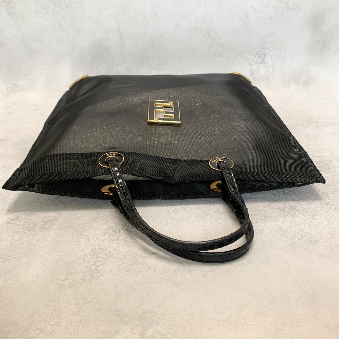 FENDI Bag FF Mesh Hand Tote Purse Mesh Leather Black Used Women's Authentic