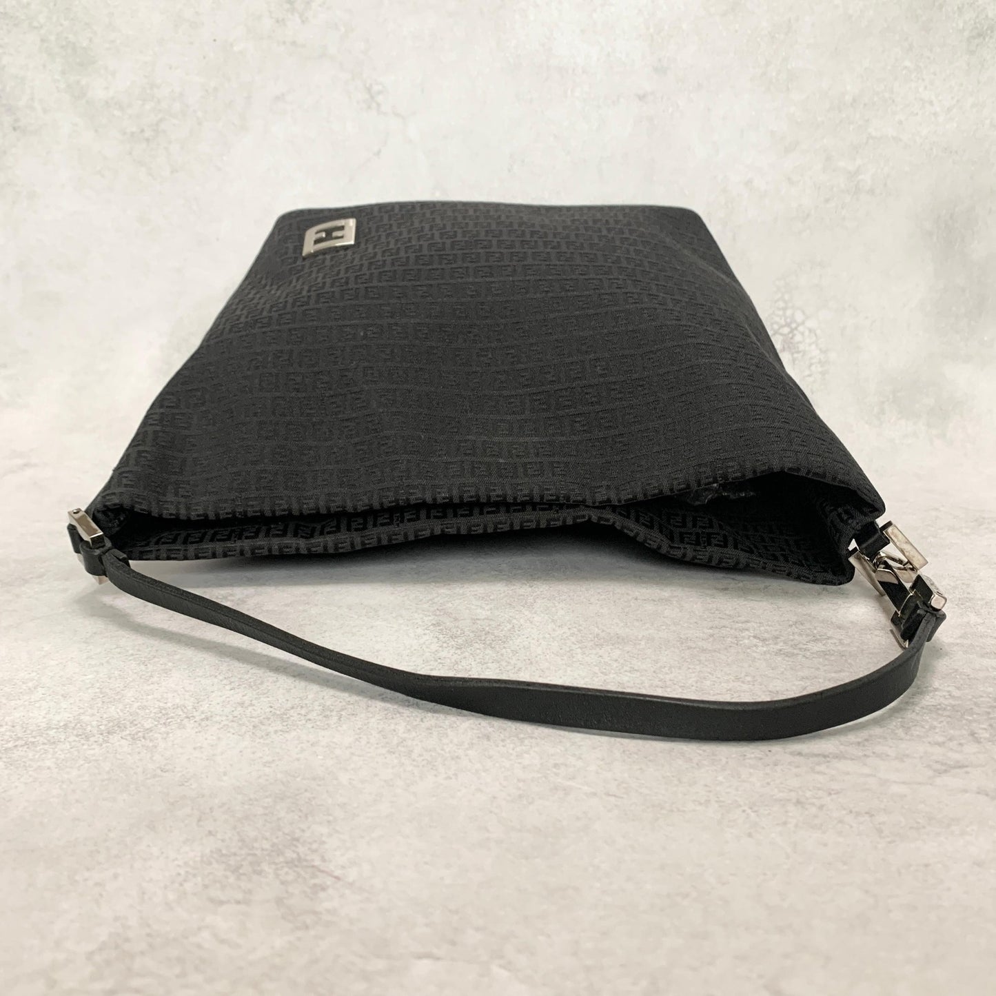 FENDI Bag FF Zucchino Shoulder Purse Canvas Leather Black Silver Used Authentic