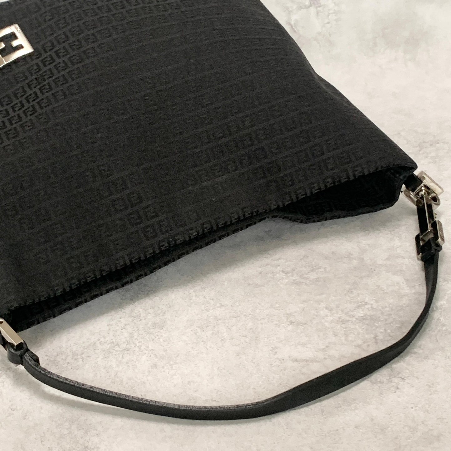 FENDI Bag FF Zucchino Shoulder Purse Canvas Leather Black Silver Used Authentic