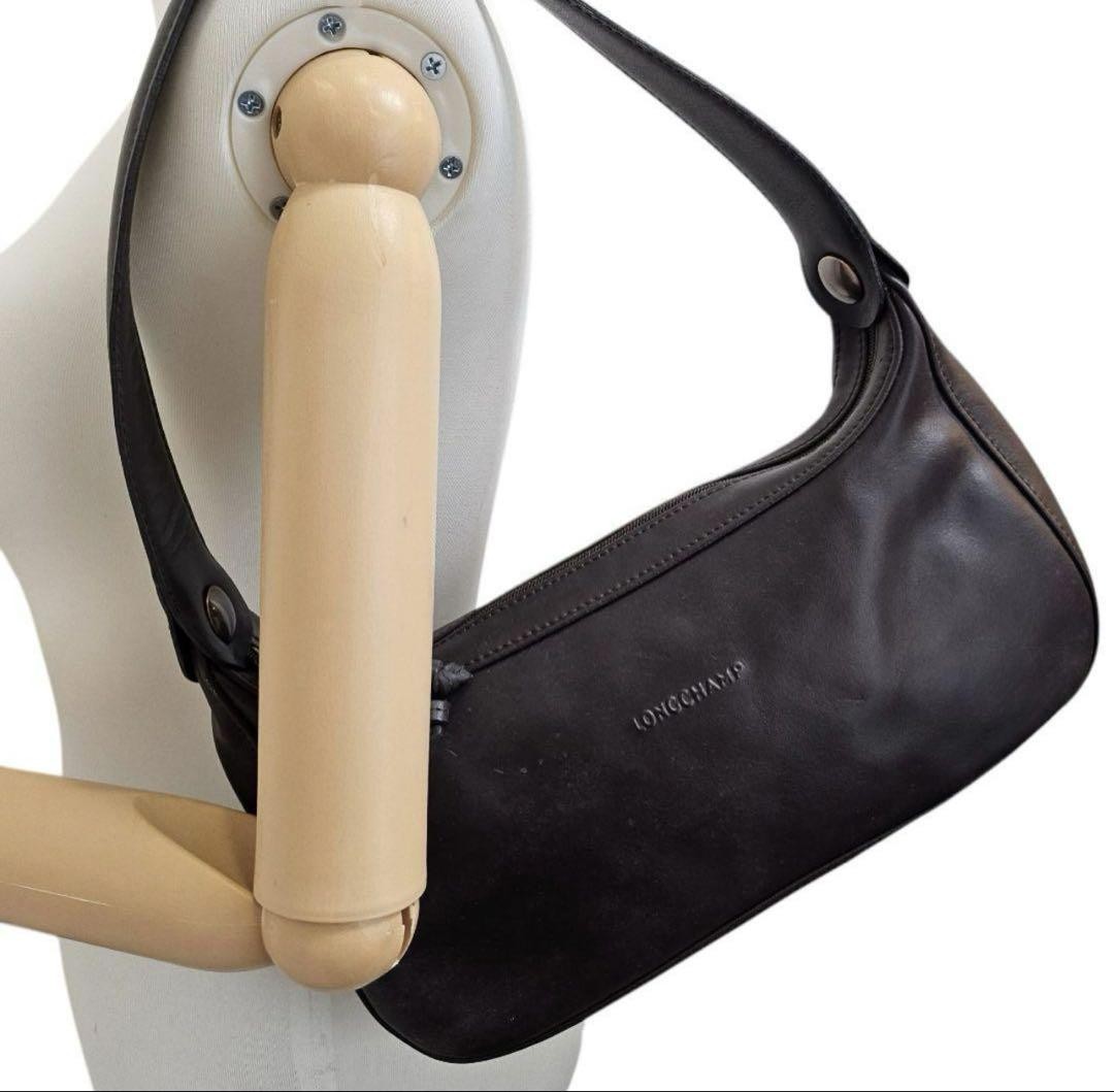 Longchamp Hand Shoulder Bag Tote Purse Leather Black Authentic