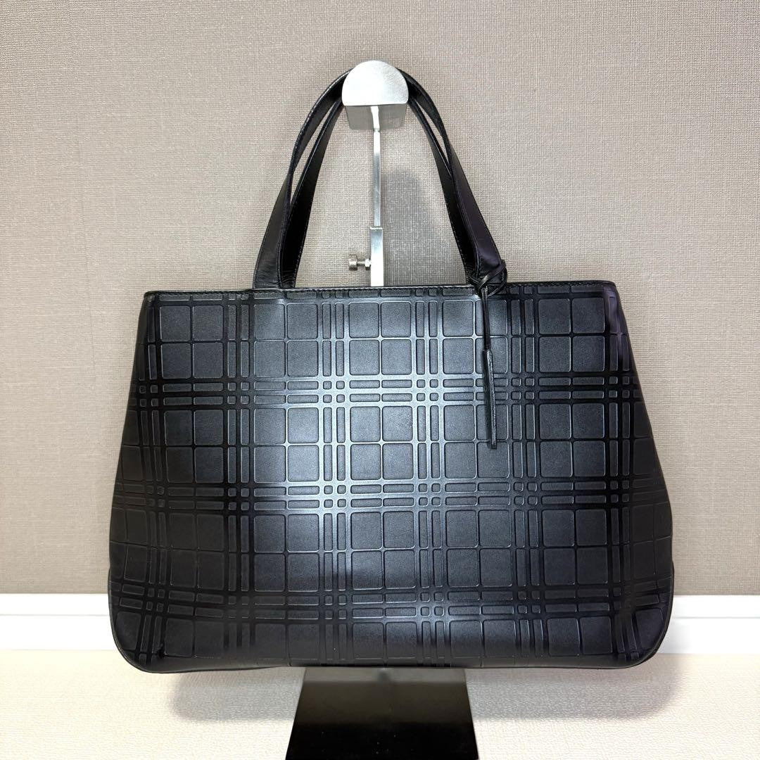 BURBERRY Hand Bag Tote Purse Embossed Check Leather Black Authentic