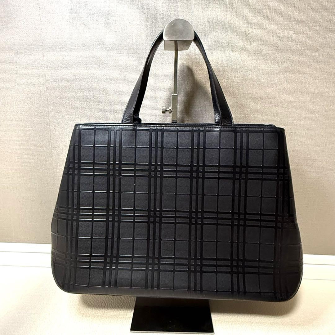 BURBERRY Hand Bag Tote Purse Embossed Check Leather Black Authentic