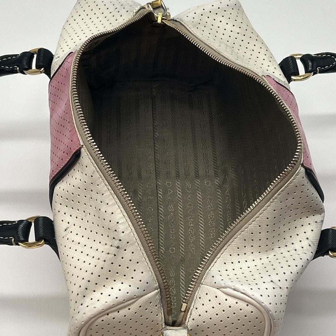 PRADA Hand Bag Tote Purse Logo Leather White Pink Authentic