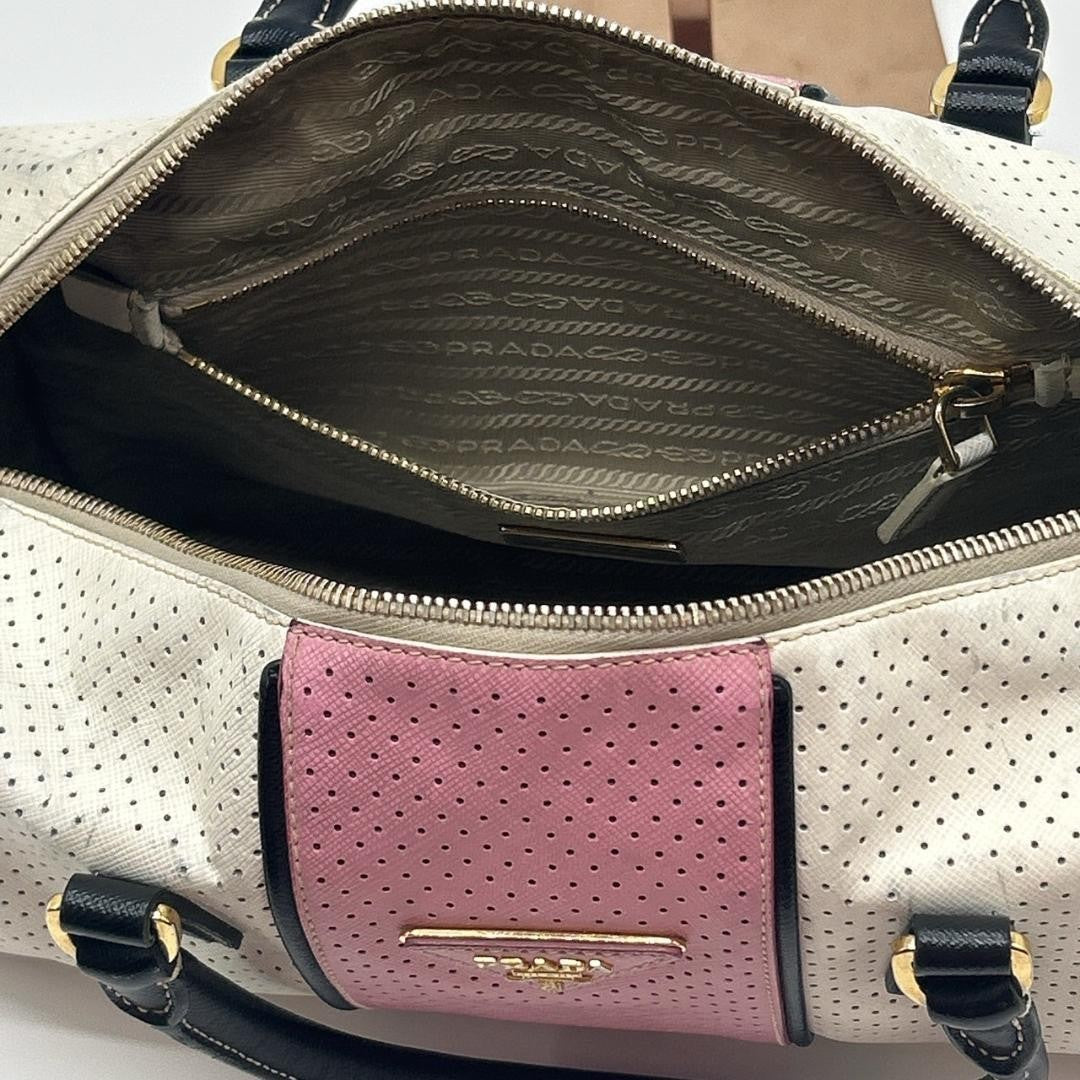 PRADA Hand Bag Tote Purse Logo Leather White Pink Authentic