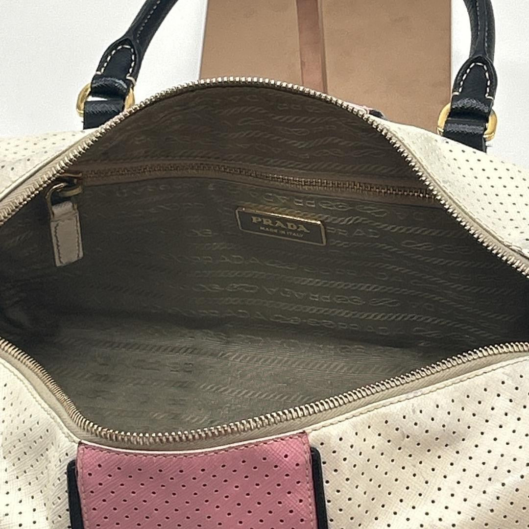 PRADA Hand Bag Tote Purse Logo Leather White Pink Authentic