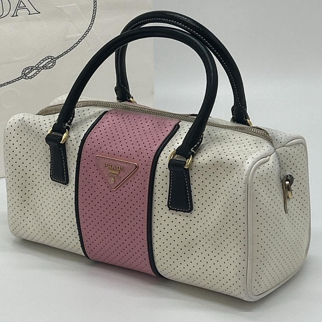 PRADA Hand Bag Tote Purse Logo Leather White Pink Authentic