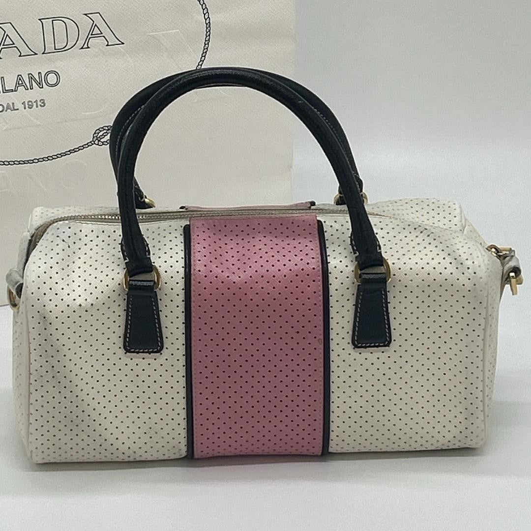 PRADA Hand Bag Tote Purse Logo Leather White Pink Authentic