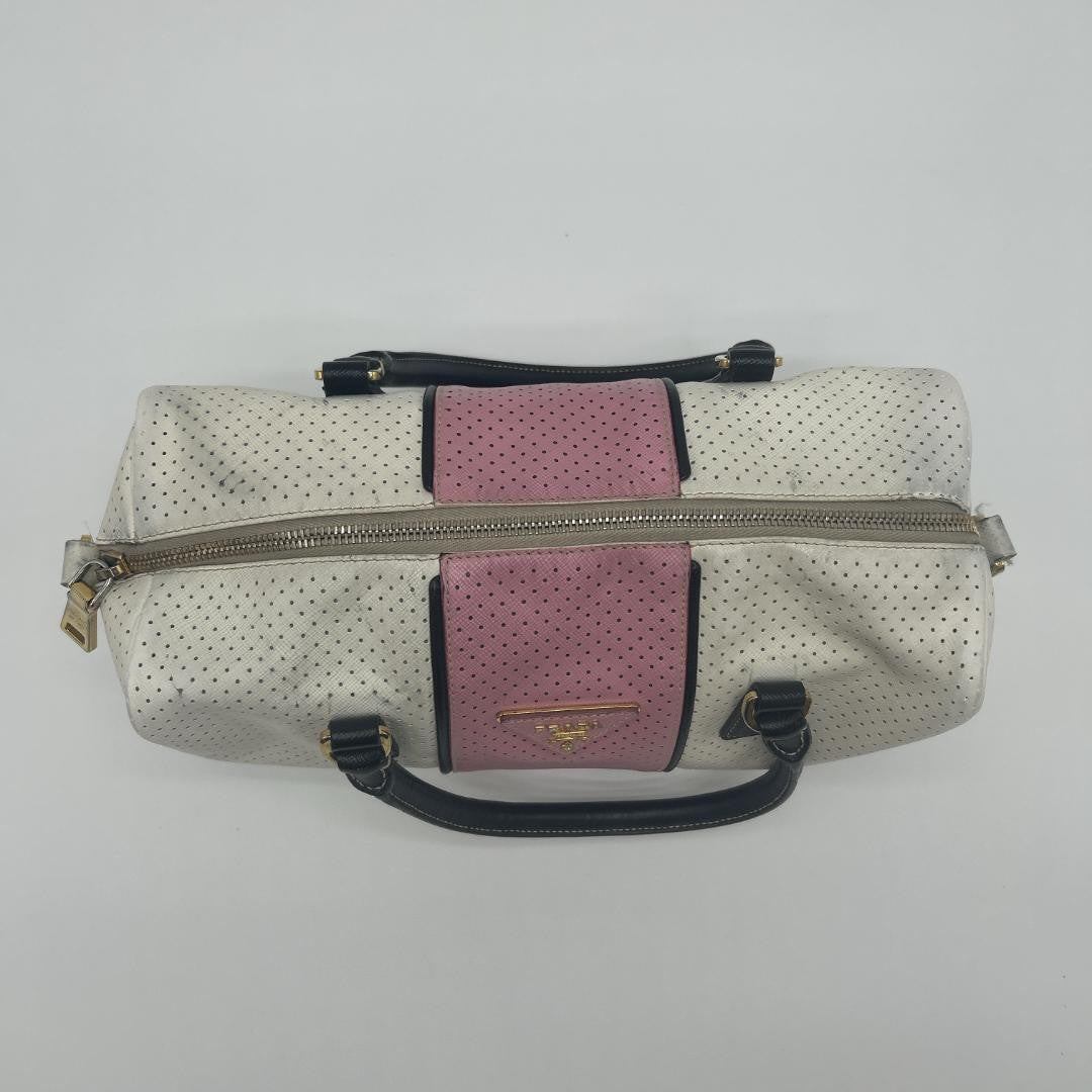PRADA Hand Bag Tote Purse Logo Leather White Pink Authentic
