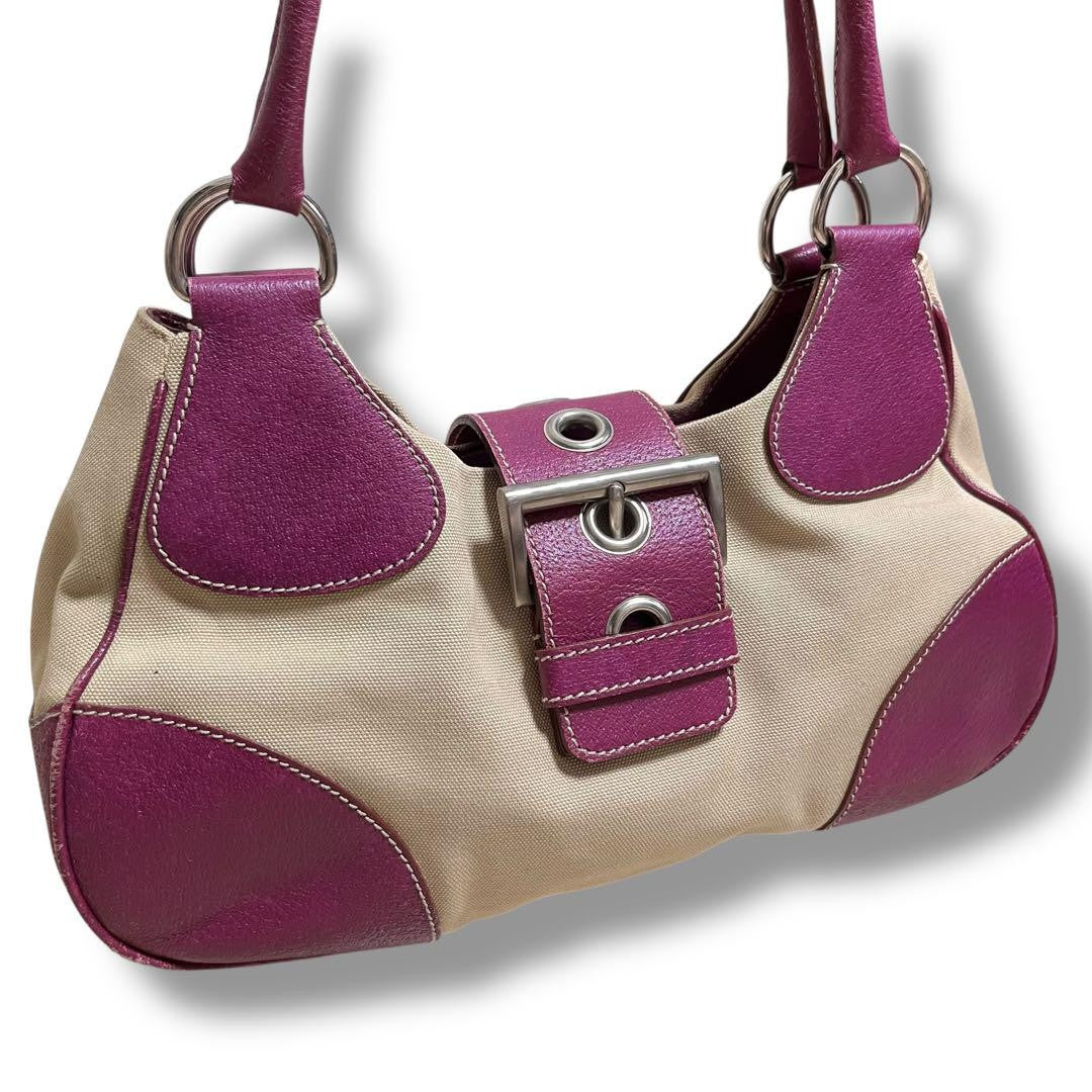 PRADA Hand Bag Tote Purse Canvas Leather Purple Authentic