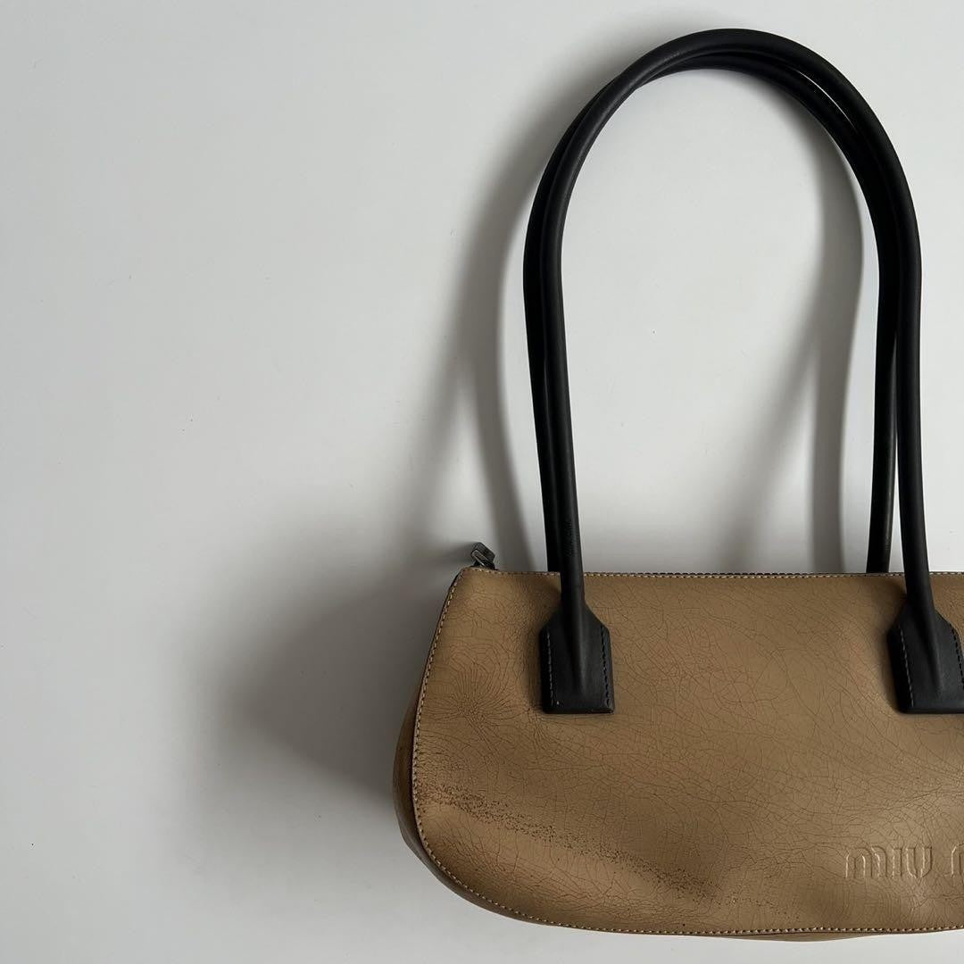 MIU MIU Hand Bag Tote Purse Logo Leather Beige Authentic
