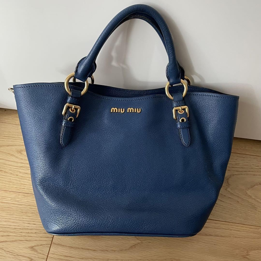MIU MIU Purse Handbag convertible Logo Tote Bag Leather Blue Gold Used Women's