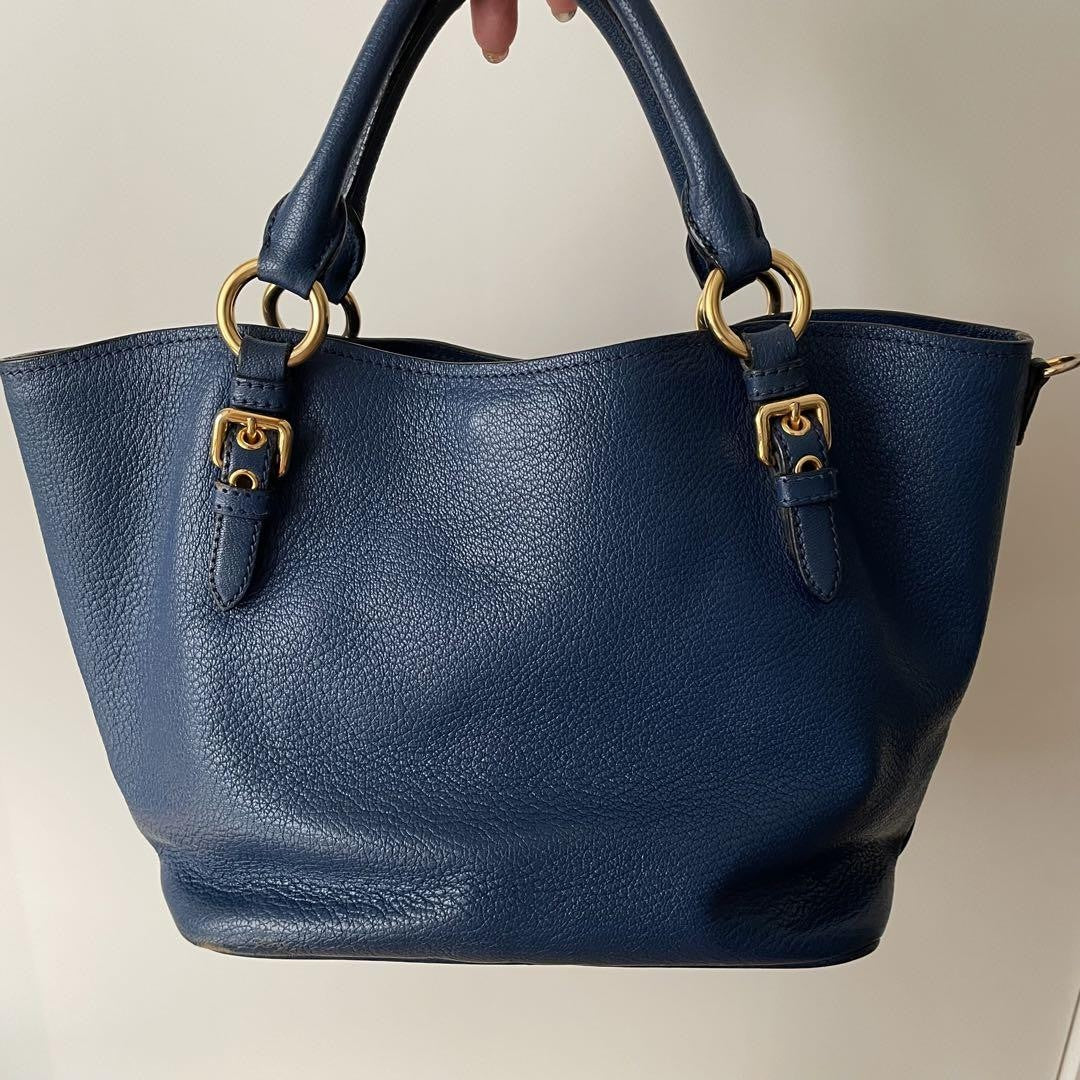 MIU MIU Purse Handbag convertible Logo Tote Bag Leather Blue Gold Used Women's