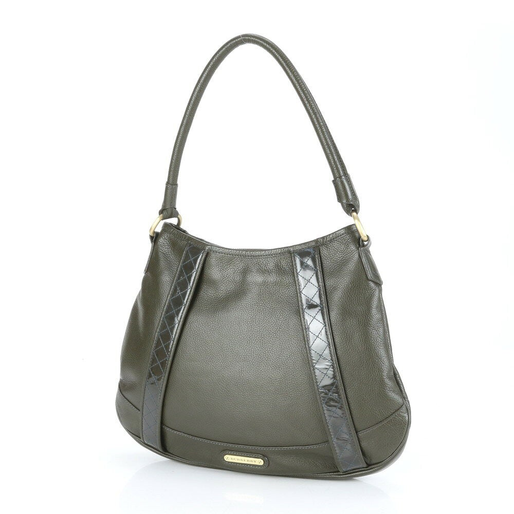 BURBERRY Hand Shoulder Bag Tote Purse Nova Check Leather Khaki Green Authentic