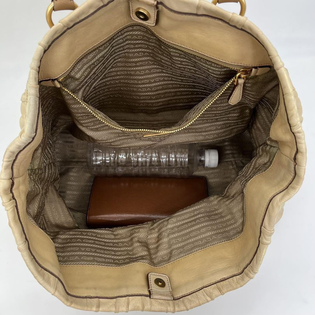 PRADA Hand Bag Tote Purse Leather Beige Brown Authentic