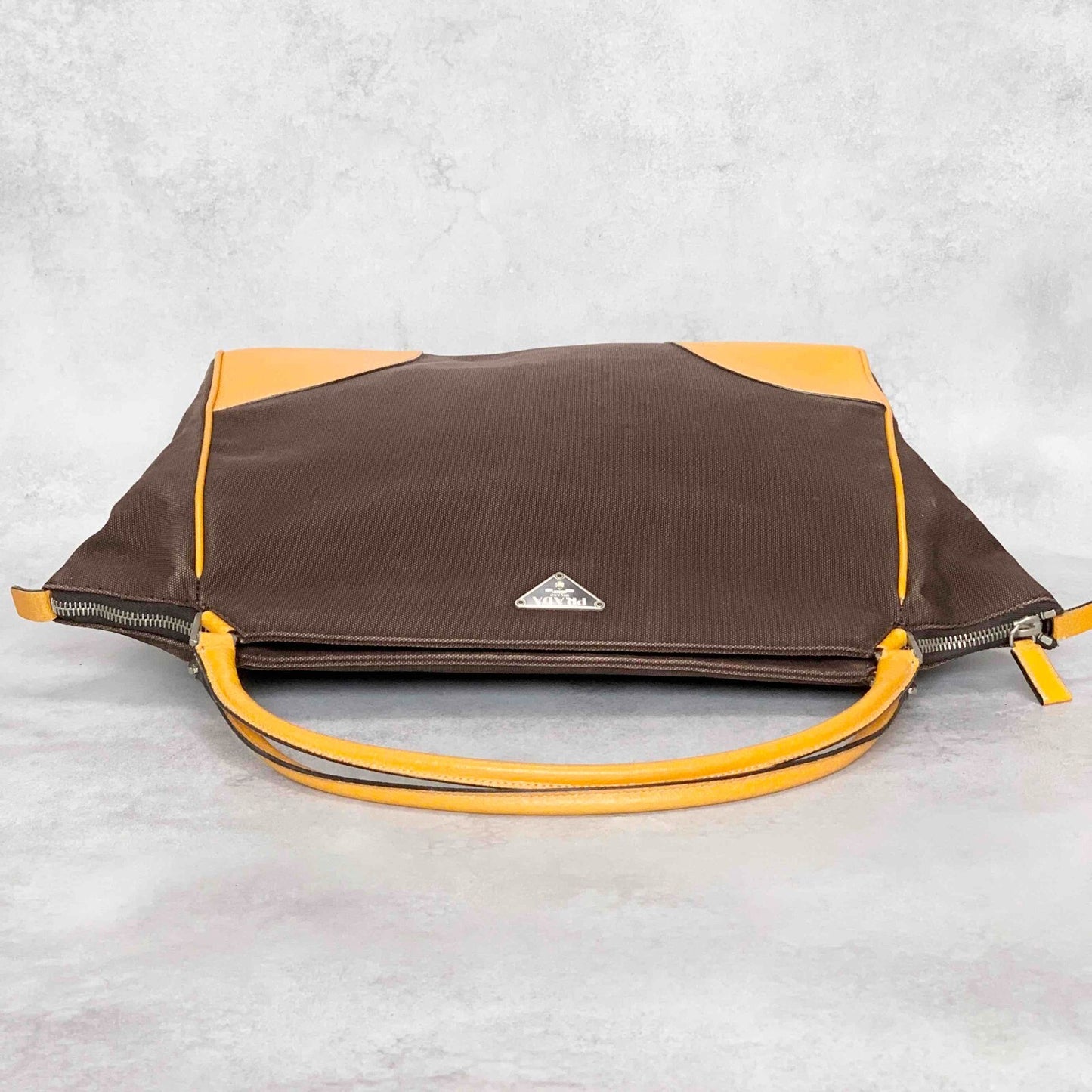 PRADA Hand Bag Tote Bag Logo Canvas Leather Yellow Authentic
