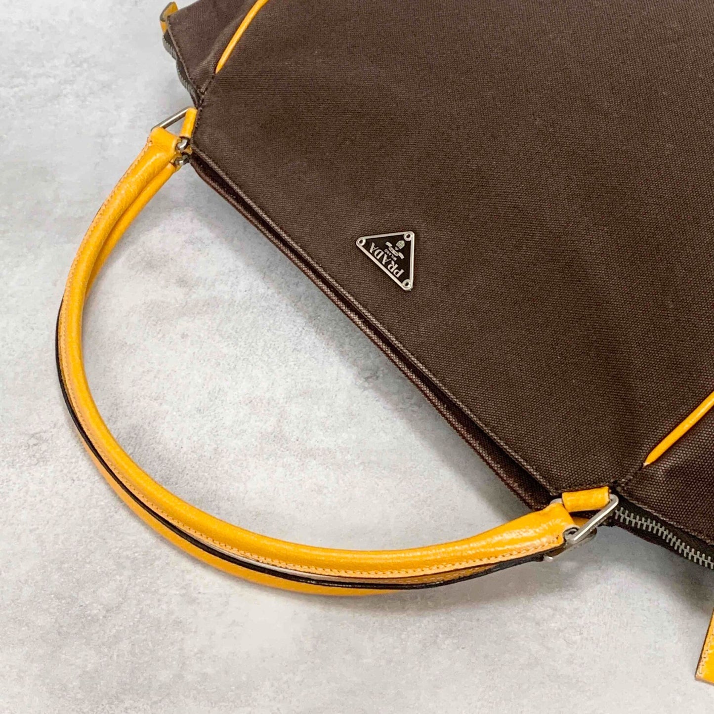 PRADA Hand Bag Tote Bag Logo Canvas Leather Yellow Authentic