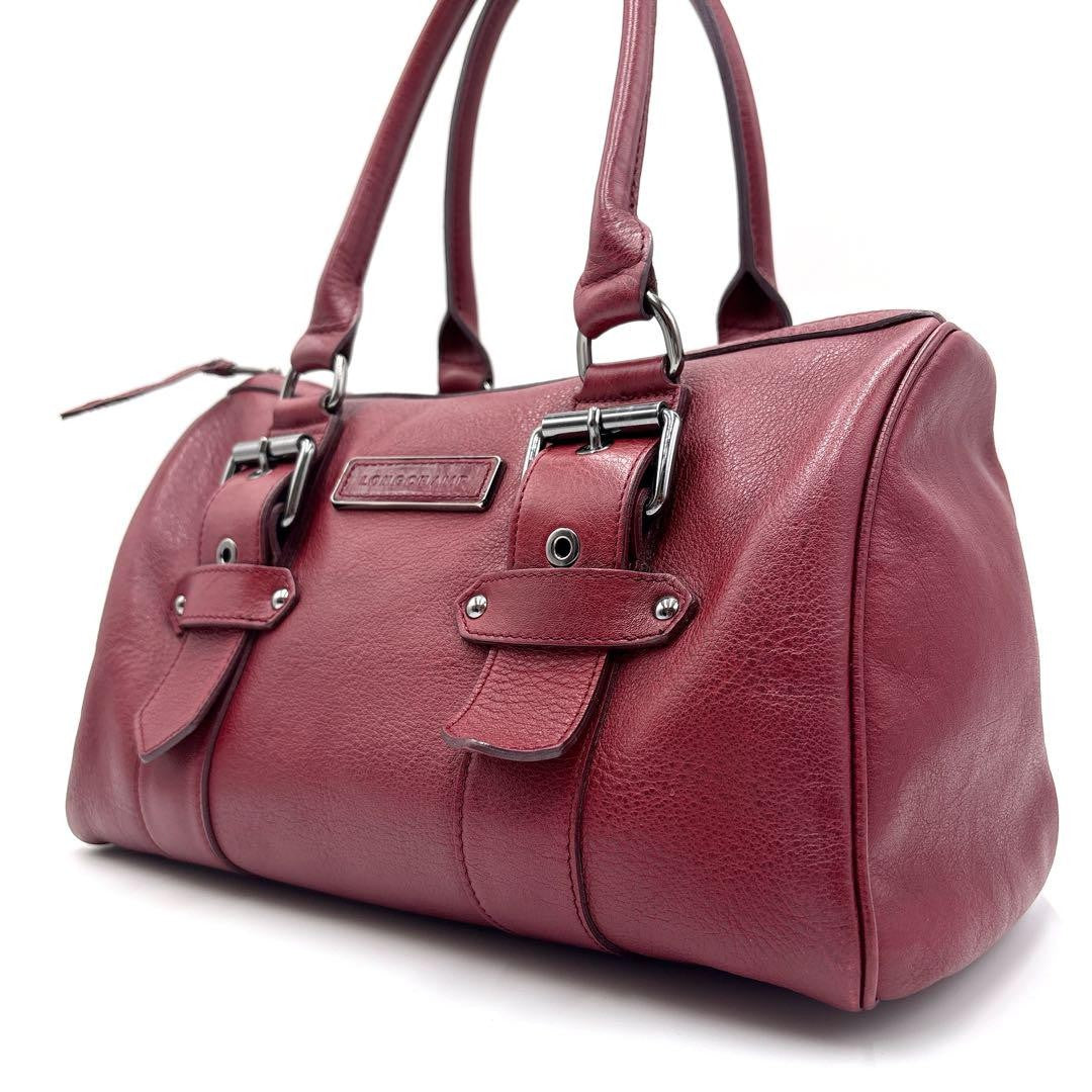 Longchamp Hand Bag Tote Purse Leather Wine Red Authentic