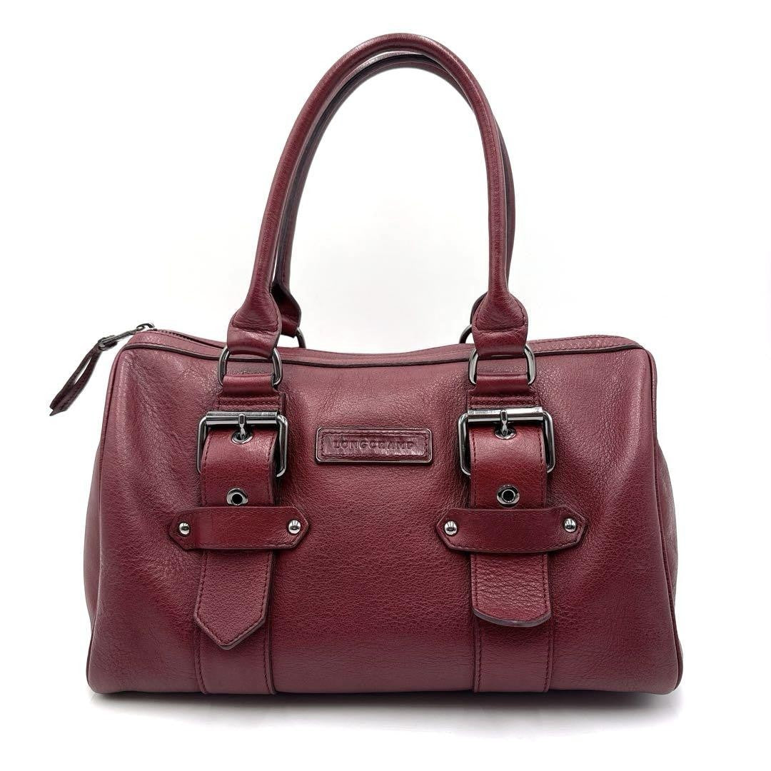 Longchamp Hand Bag Tote Purse Leather Wine Red Authentic