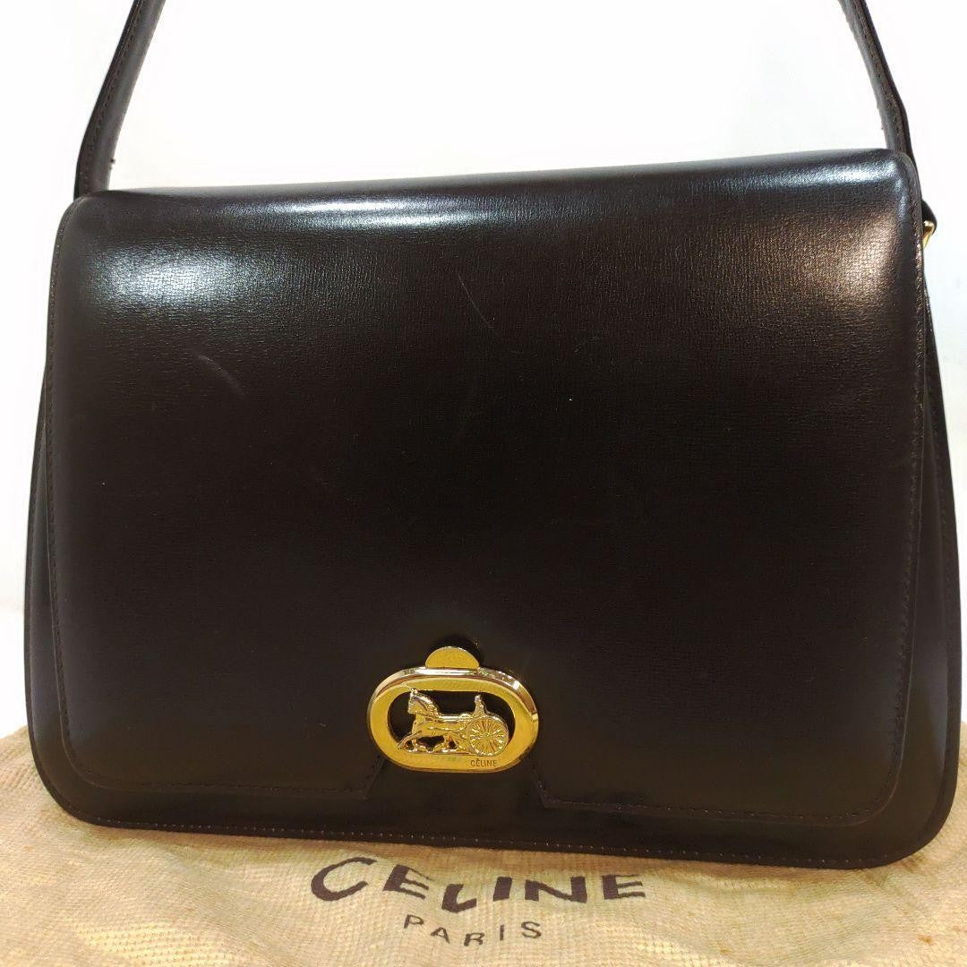 CELINE Shoulder Bag Purse Horse carriage Leather Dark Brown Authentic