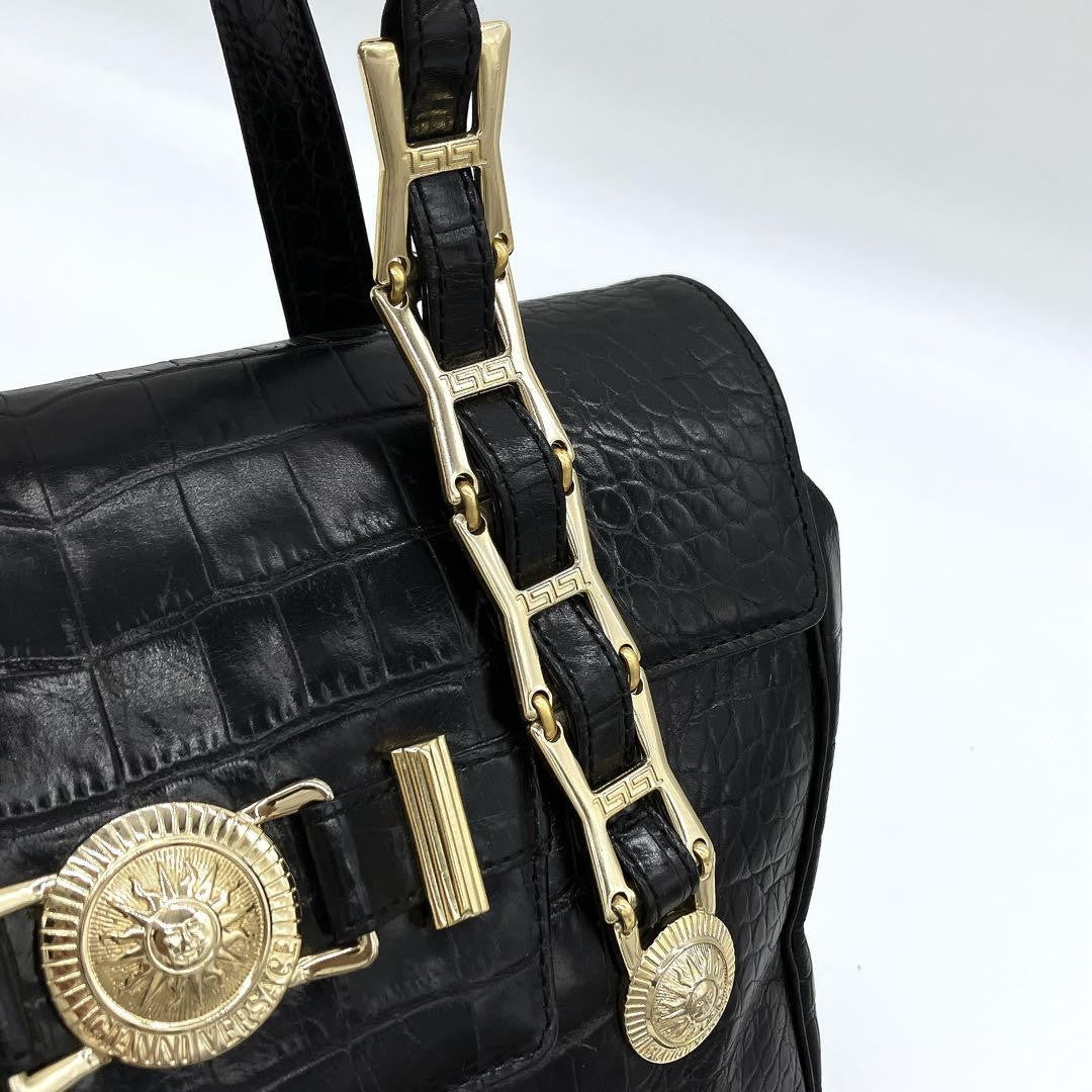 VERSACE Hand Bag Tote Purse Sunburst Leather Black Authentic