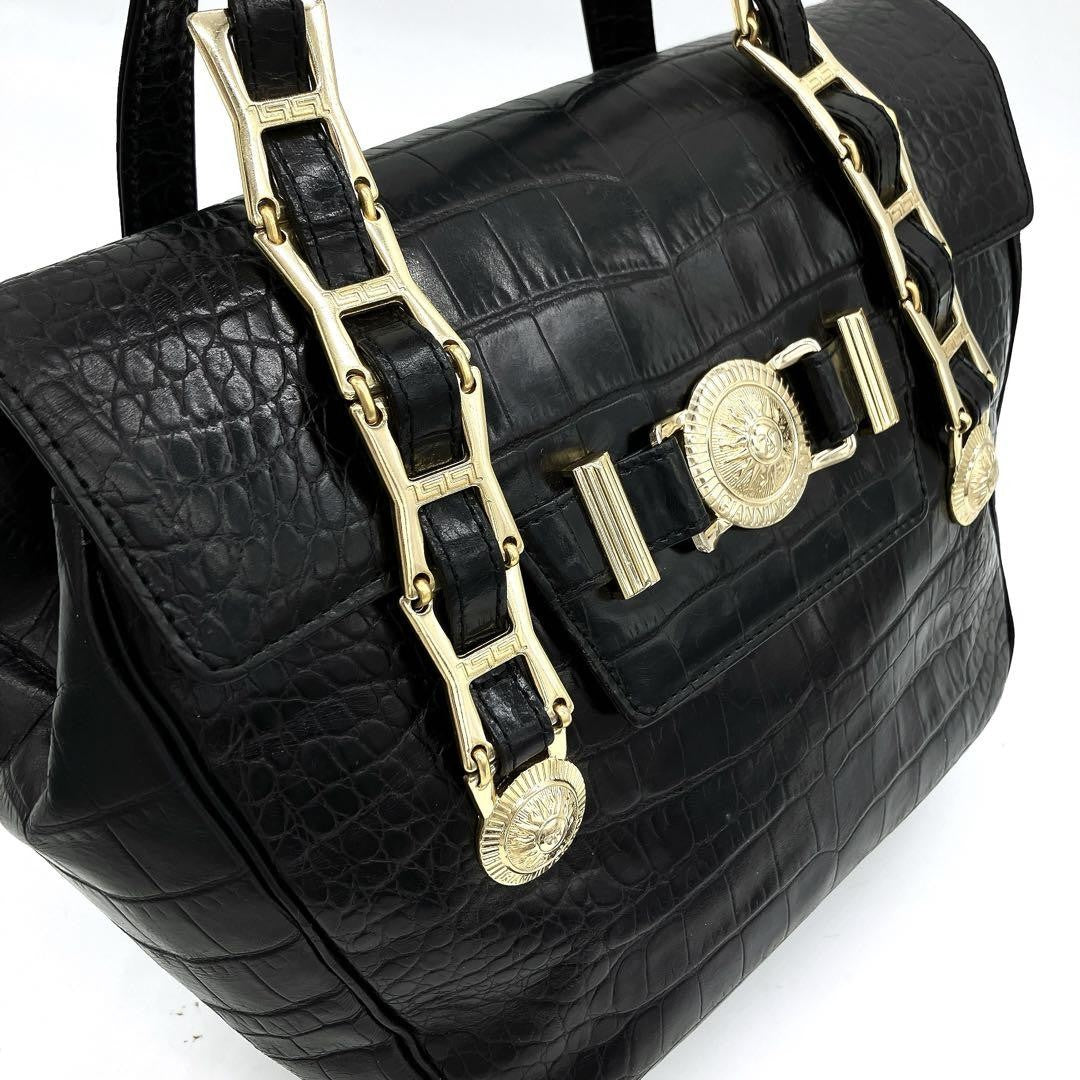 VERSACE Hand Bag Tote Purse Sunburst Leather Black Authentic