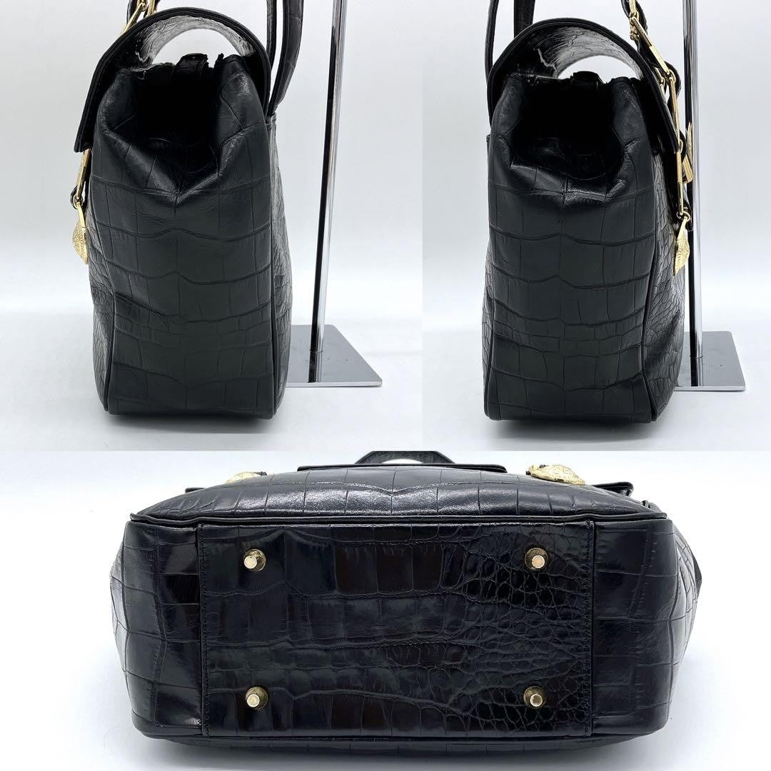 VERSACE Hand Bag Tote Purse Sunburst Leather Black Authentic