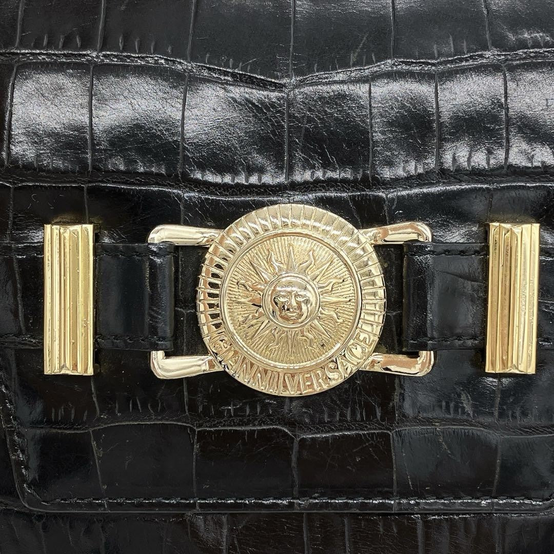 VERSACE Hand Bag Tote Purse Sunburst Leather Black Authentic
