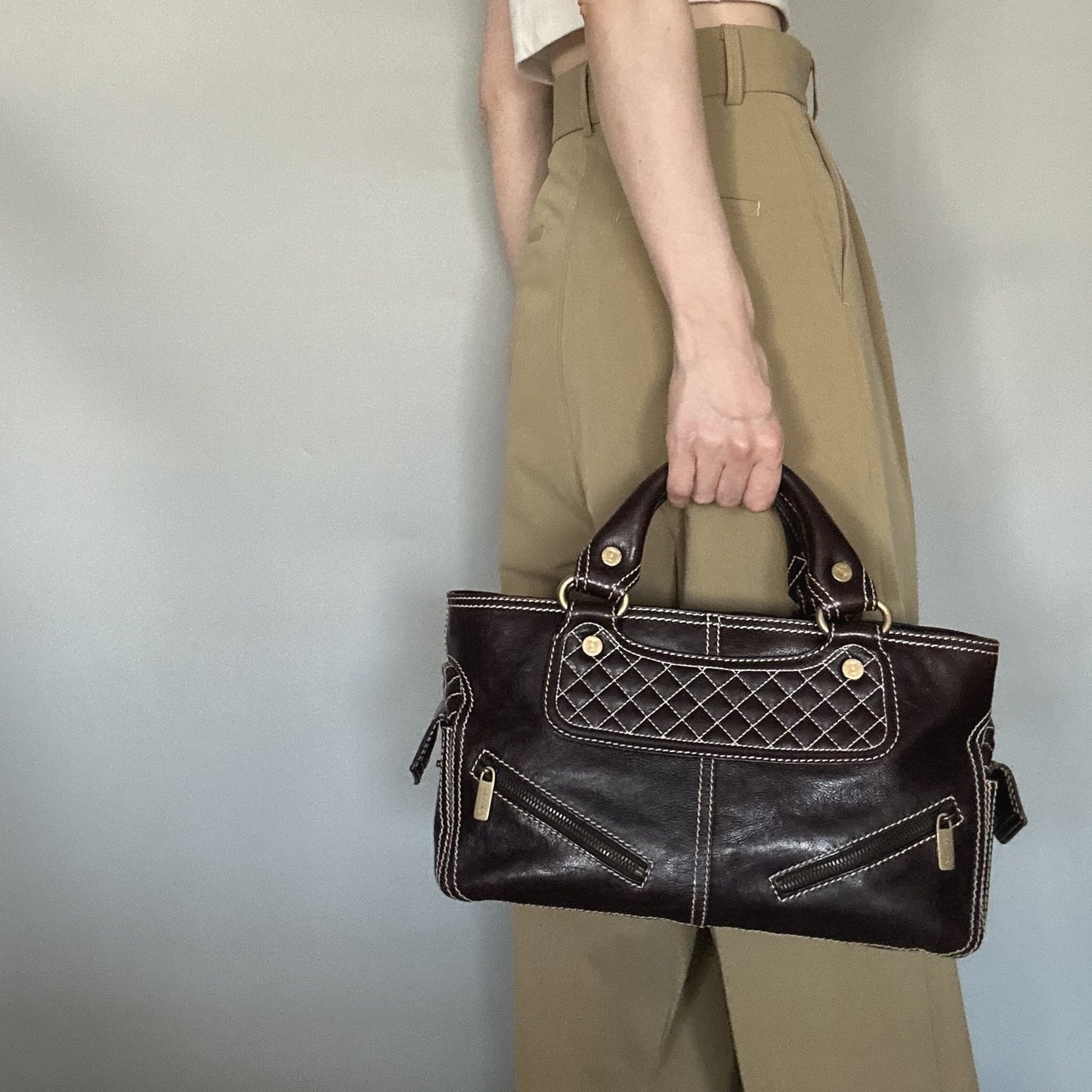 CELINE Boogie Bag Handbag Quilted Purse Leather Brown Gold Women's Used Auth